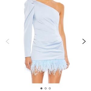 Mac Duggal One-Shoulder Light Blue Dress with Feather Hem